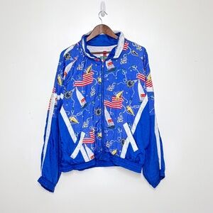 Vintage Active Exposure Nautical Windbreaker Jacket Blue Flags Anchors USA Theme